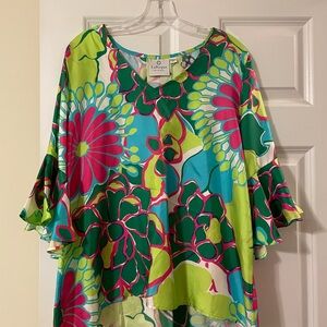 Lilly Pulitzer Floral Ruffle Blouse - Green, Pink, Blue